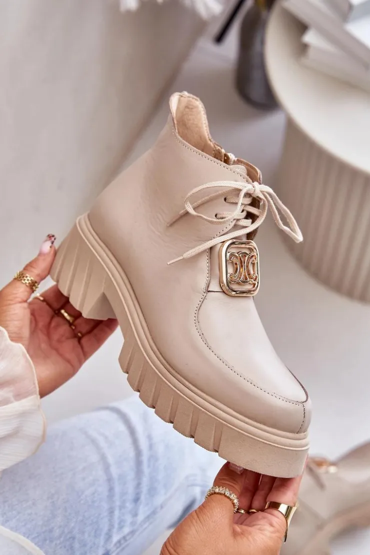 Damskie Zazoo 2952 Skórzane Botki Ze Złotą Ozdobą Beżowe