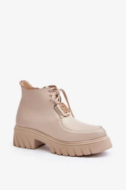 Damskie Zazoo 2952 Skórzane Botki Ze Złotą Ozdobą Beżowe