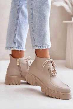 Damskie Zazoo 2952 Skórzane Botki Ze Złotą Ozdobą Beżowe