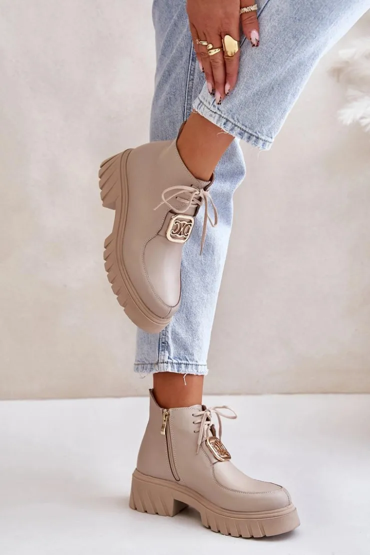 Damskie Zazoo 2952 Skórzane Botki Ze Złotą Ozdobą Beżowe