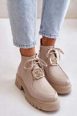 Damskie Zazoo 2952 Skórzane Botki Ze Złotą Ozdobą Beżowe