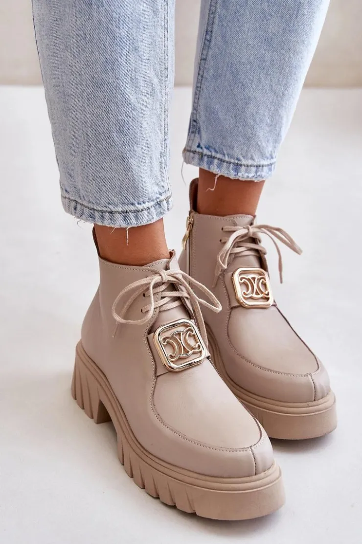 Damskie Zazoo 2952 Skórzane Botki Ze Złotą Ozdobą Beżowe