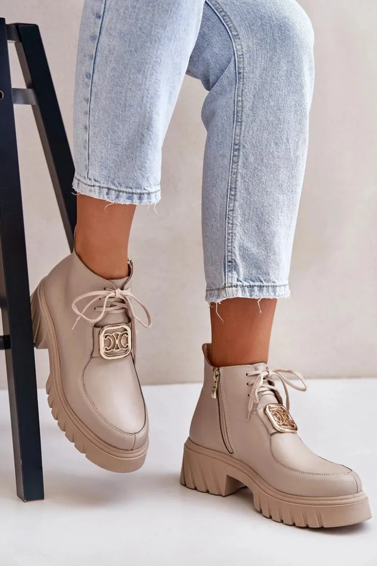 Damskie Zazoo 2952 Skórzane Botki Ze Złotą Ozdobą Beżowe