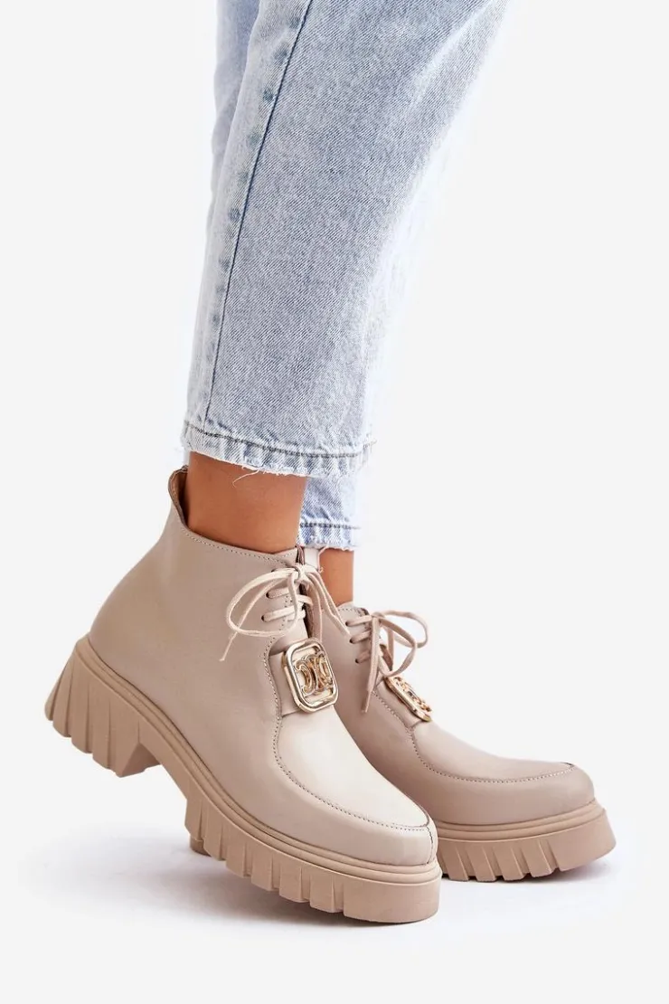 Damskie Zazoo 2952 Skórzane Botki Ze Złotą Ozdobą Beżowe