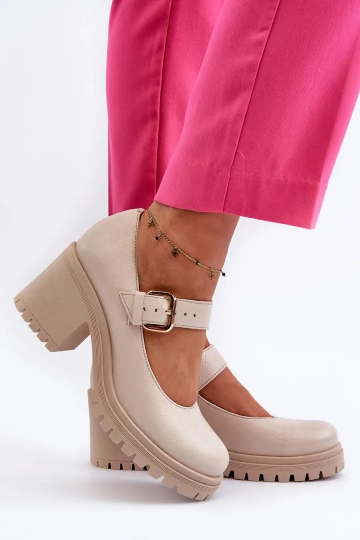 Outlet Zazoo 20166 Skórzane Czółenka Beżowe