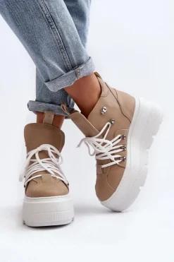 Zazoo 3416 Skórzane Damskie Buty Sportowe Beżowe Beżowy