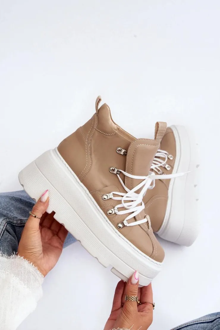 Zazoo 3416 Skórzane Damskie Buty Sportowe Beżowe Beżowy