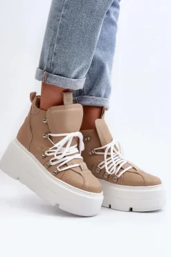 Zazoo 3416 Skórzane Damskie Buty Sportowe Beżowe Beżowy