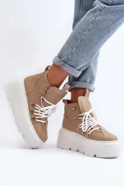 Zazoo 3416 Skórzane Damskie Buty Sportowe Beżowe Beżowy