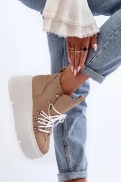 Zazoo 3416 Skórzane Damskie Buty Sportowe Beżowe Beżowy