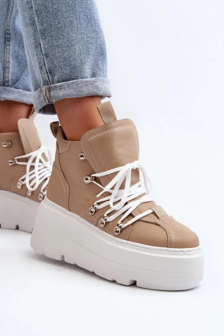 Zazoo 3416 Skórzane Damskie Buty Sportowe Beżowe Beżowy