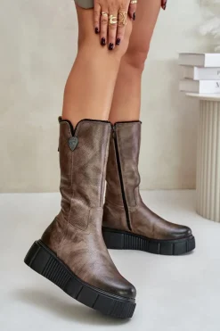 Zazoo Kozaki Na Koturnie|Kozaki Przed Kolano*70121 Skórzane Damskie Kozaki Z Wełną Brązowe
