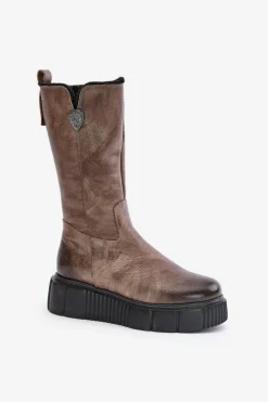 Zazoo Kozaki Na Koturnie|Kozaki Przed Kolano*70121 Skórzane Damskie Kozaki Z Wełną Brązowe