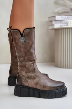 Zazoo Kozaki Na Koturnie|Kozaki Przed Kolano*70121 Skórzane Damskie Kozaki Z Wełną Brązowe