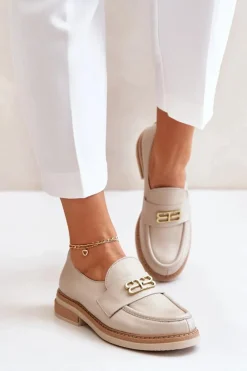 Sale Zazoo 20174 Skórzane Eleganckie Półbuty Damskie Na Płaskim Obcasie Beżowe Beżowy