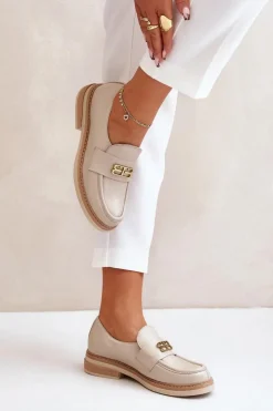 Sale Zazoo 20174 Skórzane Eleganckie Półbuty Damskie Na Płaskim Obcasie Beżowe Beżowy