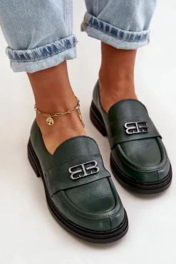Zazoo Półbuty Skórzane*20174 Skórzane Eleganckie Półbuty Damskie Na Płaskim Obcasie Ciemnozielone Zielony