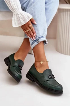 Zazoo Półbuty Skórzane*20174 Skórzane Eleganckie Półbuty Damskie Na Płaskim Obcasie Ciemnozielone Zielony