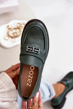 Zazoo Półbuty Skórzane*20174 Skórzane Eleganckie Półbuty Damskie Na Płaskim Obcasie Ciemnozielone Zielony