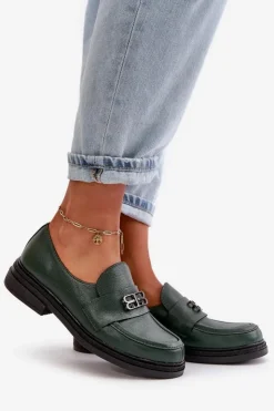 Zazoo Półbuty Skórzane*20174 Skórzane Eleganckie Półbuty Damskie Na Płaskim Obcasie Ciemnozielone Zielony