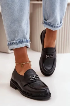 Damskie Zazoo 20174 Skórzane Eleganckie Półbuty Damskie Na Płaskim Obcasie Czarne