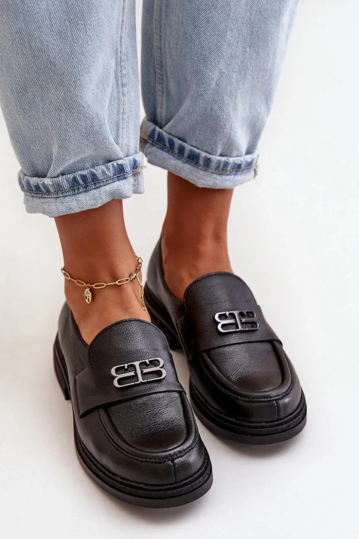 Damskie Zazoo 20174 Skórzane Eleganckie Półbuty Damskie Na Płaskim Obcasie Czarne