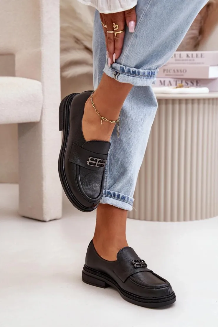 Damskie Zazoo 20174 Skórzane Eleganckie Półbuty Damskie Na Płaskim Obcasie Czarne