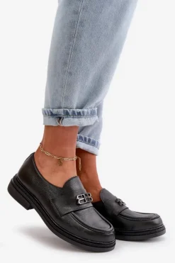 Damskie Zazoo 20174 Skórzane Eleganckie Półbuty Damskie Na Płaskim Obcasie Czarne