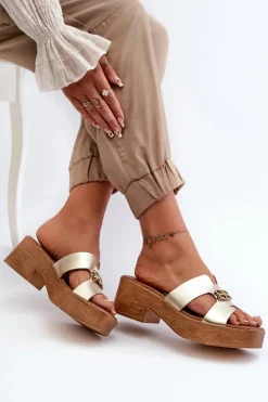 Damskie Zazoo 40412 Skórzane Eleganckie Klapki Damskie Z Ozdobą Złote