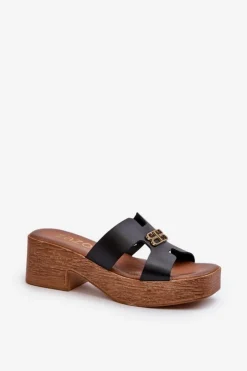 Outlet Zazoo 40412 Skórzane Eleganckie Klapki Damskie Ze Złotą Ozdobą Czarne Czarny