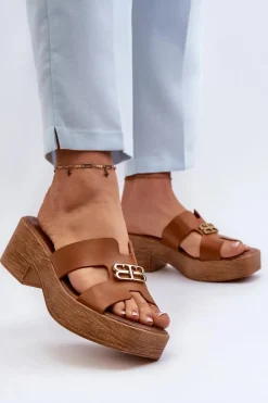 Zazoo Klapki Na Obcasie|Klapki Damskie Klasyczne*40412 Skórzane Eleganckie Klapki Damskie Ze Złotą Ozdobą Brązowe Brązowy