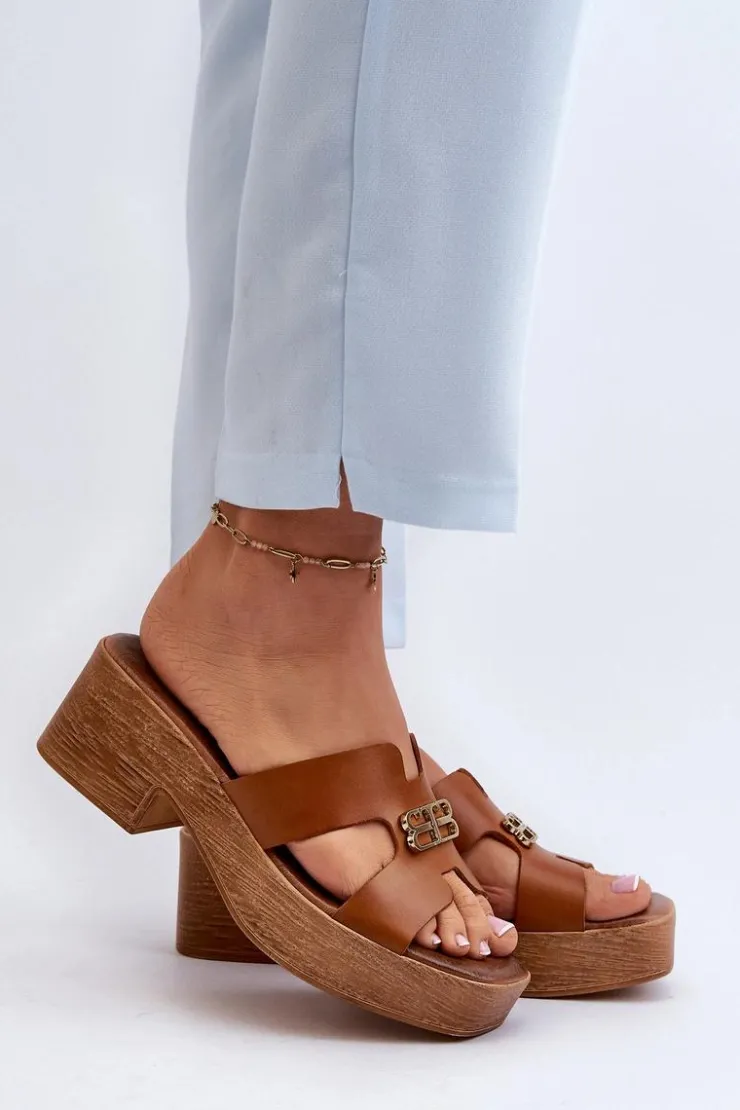 Zazoo Klapki Na Obcasie|Klapki Damskie Klasyczne*40412 Skórzane Eleganckie Klapki Damskie Ze Złotą Ozdobą Brązowe Brązowy