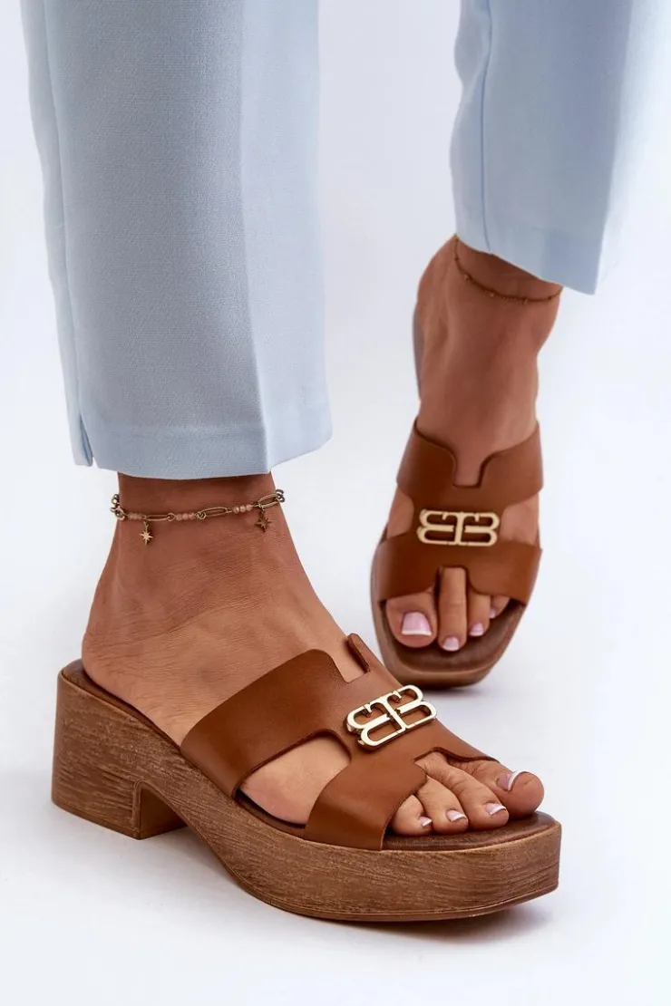 Zazoo Klapki Na Obcasie|Klapki Damskie Klasyczne*40412 Skórzane Eleganckie Klapki Damskie Ze Złotą Ozdobą Brązowe Brązowy