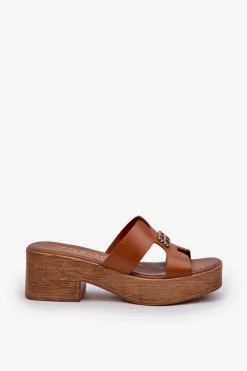 Zazoo Klapki Na Obcasie|Klapki Damskie Klasyczne*40412 Skórzane Eleganckie Klapki Damskie Ze Złotą Ozdobą Brązowe Brązowy