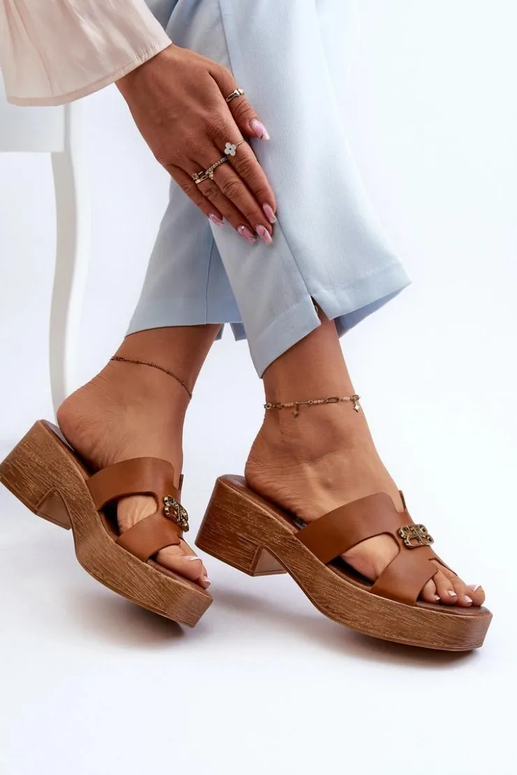 Zazoo Klapki Na Obcasie|Klapki Damskie Klasyczne*40412 Skórzane Eleganckie Klapki Damskie Ze Złotą Ozdobą Brązowe Brązowy