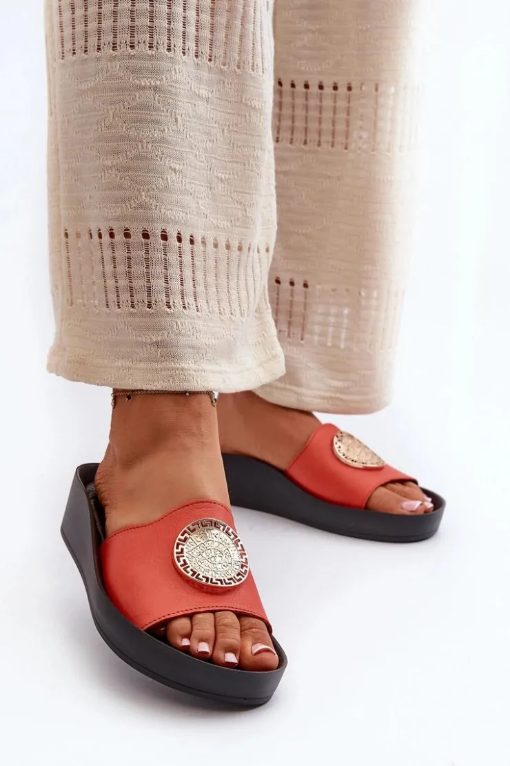 Damskie Zazoo 2920 Skórzane Klapki Damskie Na Koturnie Ze Złotym Detalem Pomarańczowe