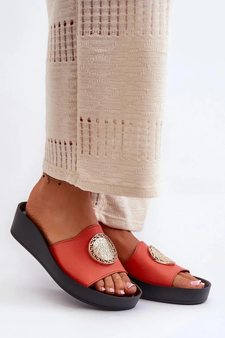 Damskie Zazoo 2920 Skórzane Klapki Damskie Na Koturnie Ze Złotym Detalem Pomarańczowe