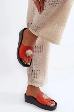 Damskie Zazoo 2920 Skórzane Klapki Damskie Na Koturnie Ze Złotym Detalem Pomarańczowe