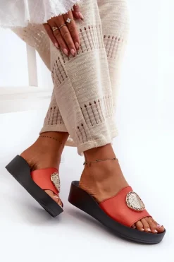 Damskie Zazoo 2920 Skórzane Klapki Damskie Na Koturnie Ze Złotym Detalem Pomarańczowe