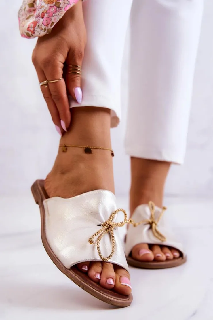 Zazoo 2659 Skórzane Klapki Damskie Biało-Złote