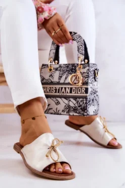 Zazoo 2659 Skórzane Klapki Damskie Biało-Złote