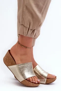 New Zazoo 40289 Skórzane Klapki Damskie Na Korkowym Koturnie Złote