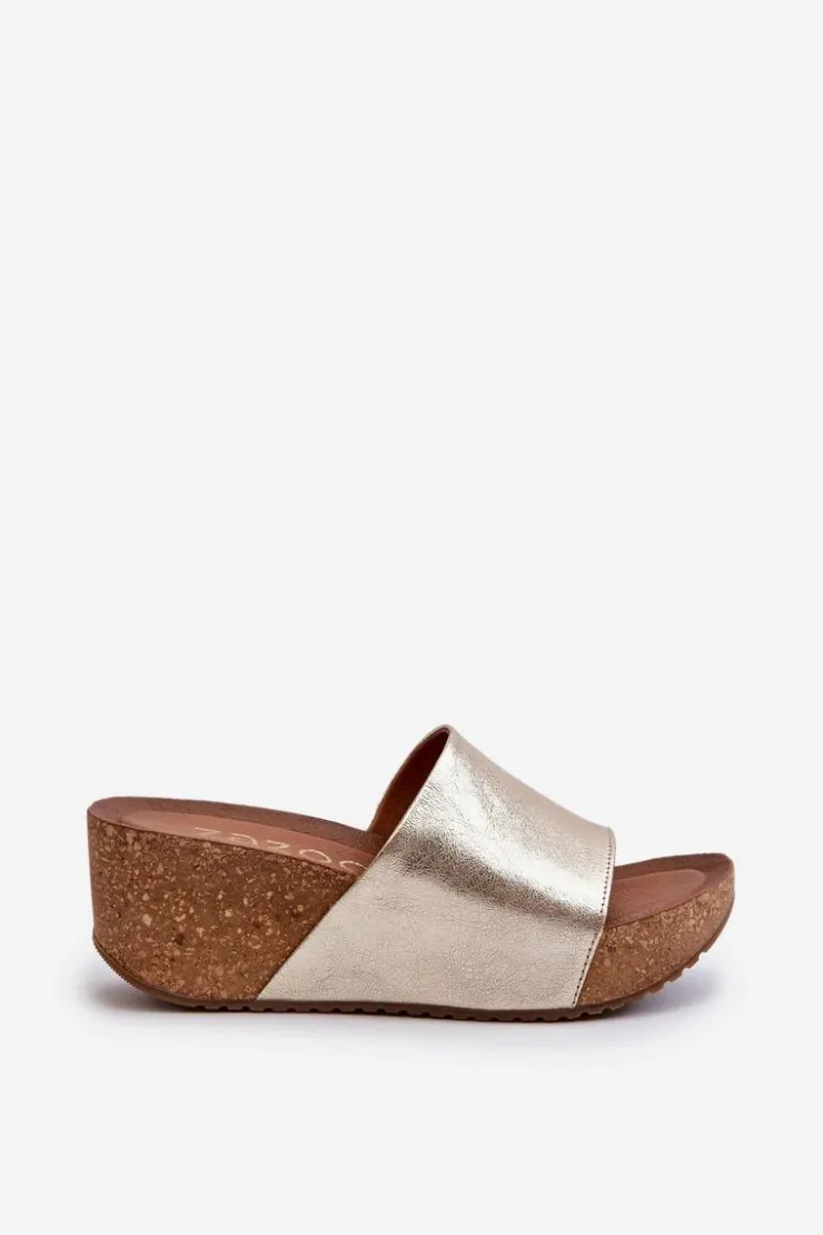 New Zazoo 40289 Skórzane Klapki Damskie Na Korkowym Koturnie Złote