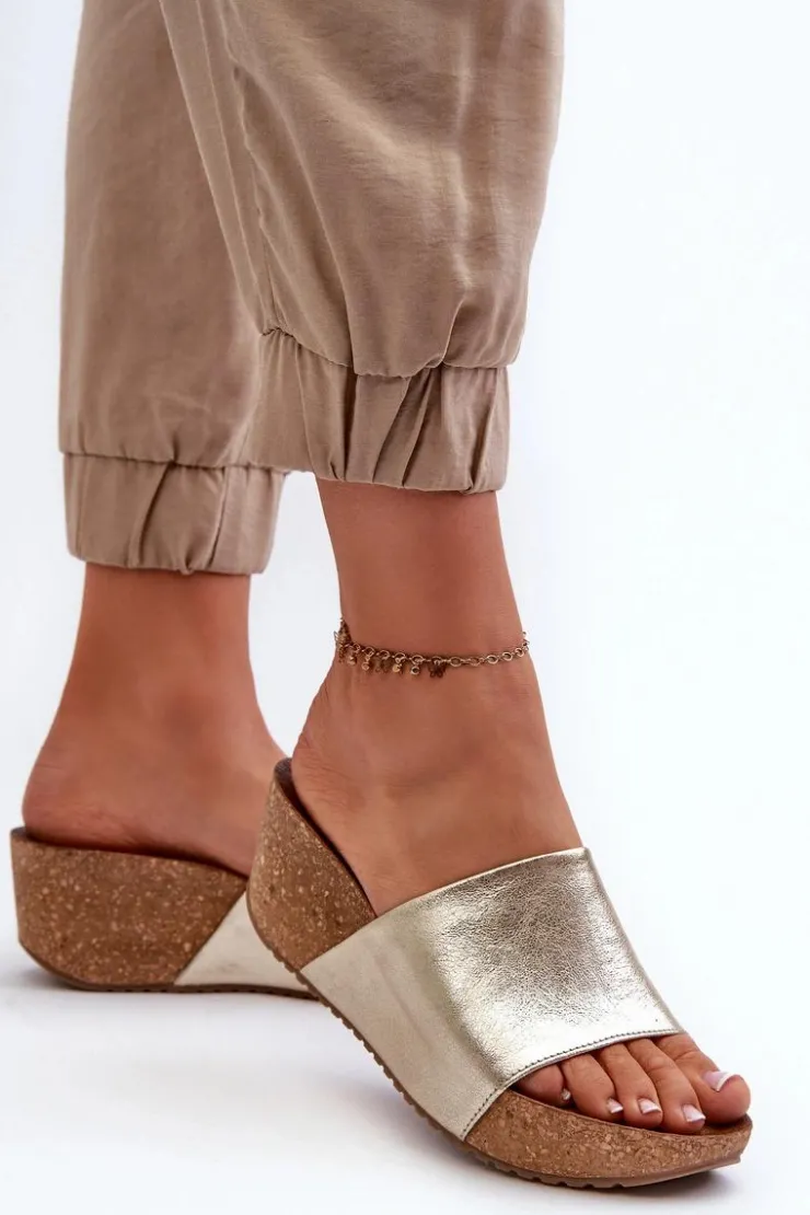 New Zazoo 40289 Skórzane Klapki Damskie Na Korkowym Koturnie Złote