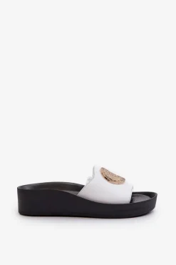 Clearance Zazoo 2920 Skórzane Klapki Damskie Na Koturnie Ze Złotym Detalem Białe Biały