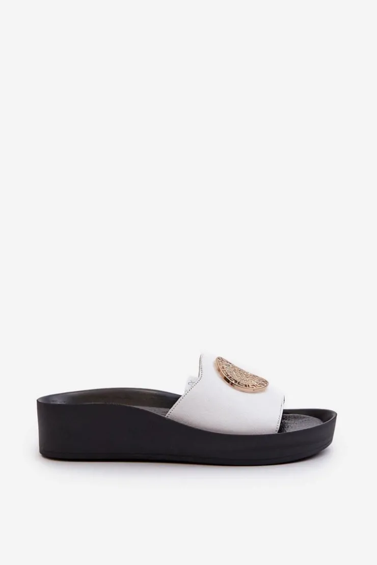 Clearance Zazoo 2920 Skórzane Klapki Damskie Na Koturnie Ze Złotym Detalem Białe Biały