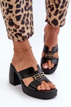 Zazoo Klapki Na Obcasie|Klapki Damskie Klasyczne*40419 Skórzane Klapki Damskie Z Wycięciami I Ozdobą Czarne