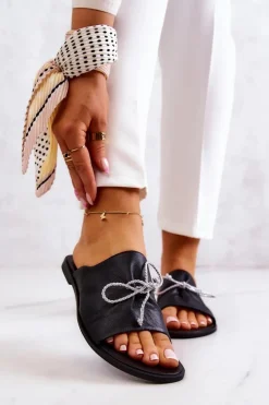 Clearance Zazoo 2659 Skórzane Klapki Damskie Czarne Czarny