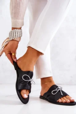 Clearance Zazoo 2659 Skórzane Klapki Damskie Czarne Czarny