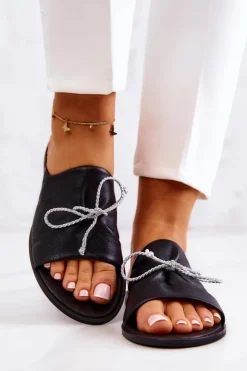 Clearance Zazoo 2659 Skórzane Klapki Damskie Czarne Czarny